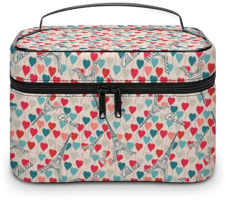 Travel Make Up Bag for Men Womens Love Paris Eiffel Tower Cosmetic Bags with Compartments Handle Wedding Party Large Capacity Waterproof Skincare Toiletry Makeup Box Organizer