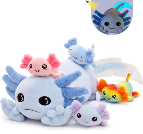 MorisMos 5 stücke Axolotl Plüschtiere Set, 81cm lang riesen Axolotl Kuscheltier mit 4 Baby im Bauch, weich Stofftier Kinder Baby-Blue