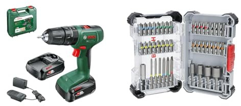 Bosch Cordless Combi Drill EasyImpact 18V-40 (2 Batteries 2.0 Ah, 18 Volt System, in Carrying Case) + 43x Extra Hard Screwdriver Bit Set (197 x 110.5 mm, Accessories)