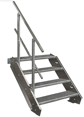 SRM Design 4 Stufen Stahltreppe Breite 90 cm verzinkt 1x Geländer | Geschosshöhe 55-85cm robuste Außentreppe Wangentreppe stabile Industrietreppe für den Außenbereich