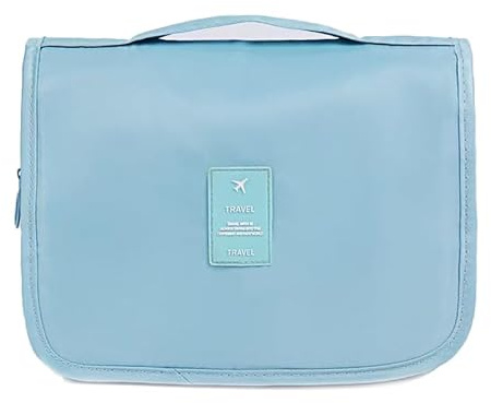 Borsa da toilette da appendere per i viaggi, impermeabile, con scomparti multipli e ganci (Blu)
