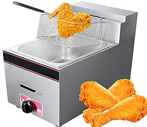 Friggitrice a gas commerciale, friggitrice in acciaio inox da 10 litri con controllo della temperatura regolabile, piano di lavoro spesso, include cestino e coperchio