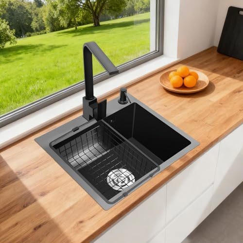 40x45cm Spüle Schwarz,Edelstahl Küche Waschbecken mit Siebkorb und Drainage-Set,Spülbecken küche & Einbau spülbecken für ab 40er Unterschrank,Mehrere Regeln verfügbar