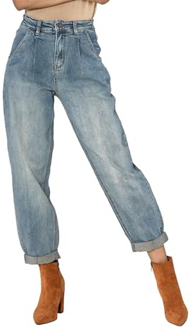 Nina Carter YY303 Damen High-Waist Baggy Jeans – Lässige Weit geschnittene Jeanshose Stretch-Denim Used Look (Vintage-Blau (YY303-13), S)