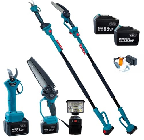 A.M.C. Forbice da Potatura a Batteria 88V, Motosega a Batteria 8 Pollici con oliatore + Asta Telescopica 128-248cm, Luce Led Kit 4 in 1, Cesoie Elettriche Set Potatura Giardino Rami Arbusti Vigneto