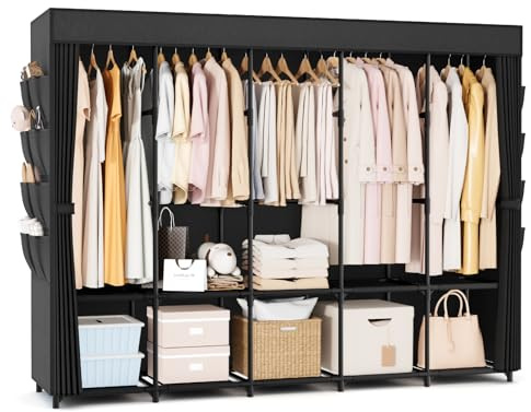 Vicye Armadio in Tessuto, Armadio Camera da Letto Grande 210CM di Larghezza, Guardaroba con Copertura, 5 ripiani portaoggetti 5 aste appendiabiti, Armadio Portatile per Campeggio Ingresso, Nero