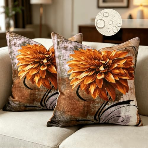 OYIMUA Weich Chenille Blumen Kissenbezug 40x40 Braun 2er Set | Modern Sofakissen Dekokissen,Quadratisch Couchkissen Kuschelkissen,Deko Wohnzimmer Schlafzimmer,Beidseitig Bedruckt