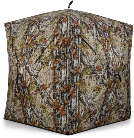 GYMAX tragbares Jagdzelt für 2 Personen, Tarnzelt mit geräuschlosen Fenstern, orange Sicherheitsflächen & Tragetasche, Jagdrollo für Hirsch- & Wildschweinjagd, Camouflage
