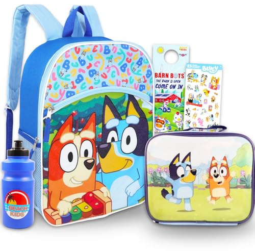 Bluey Backpack with Lunch Box for Kids - Bundle with 16 School Bag, Lunch Box, Stickers, Water Bottle, and More | Bluey School Supplies for Boys, Girls