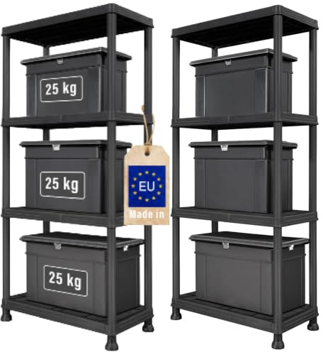 FIXKRAFT 2er-Set Steckregal Kunststoff Keller Regal 60cm Breit für Abstellraum & Vorratsregal Küche 100kg Last Kunststoffregal zum Stecken 4 Böden Kellerregal (2, 4 Böden)