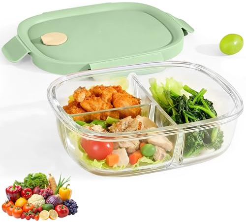 900ml Portable Lunch Box with 3 Compartment, High Borosilicate Glass Containers with Lids, Heatable Divided Meal Prep Container, Microwave & Oven Safe, Easy To Clean Bento Box for Office,School(Green)
