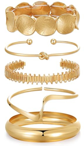 KISS WIFE 5 Pcs Golden Bangles for Women, Adjustable Bangle Bracelets, Multi Layer Open Stackable Cuff Bracelet Set, Fashion Accessories Jewelry Gifts for Women