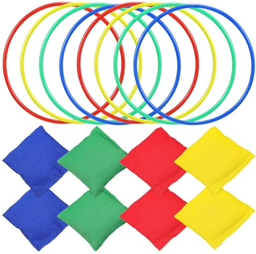 SHERCHPRY Jeu de Lancer D’Anneaux en Plastique 16 Pièces avec 8 Anneaux Coniques 18 Cm et 8 Paquet de Haricots 7,7 Cm, Résistant aux Intempéries, pour Jeux Extérieurs Garçon et Filles