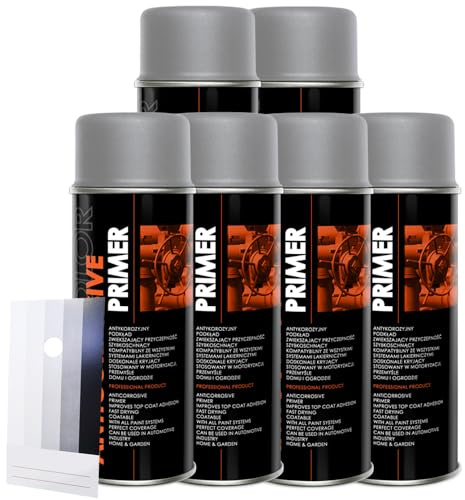 DC 6 Stück ANTICORROSIVE PRIMER 400ml - Grundierung/Haftgrund - für z.B. Alufelgen, KFZ, Holz, Beton, Metal, Aluminium, Eisen - und Spritzmusterkarte (6 Dosen Grundierung Grau 400ml + Karte)