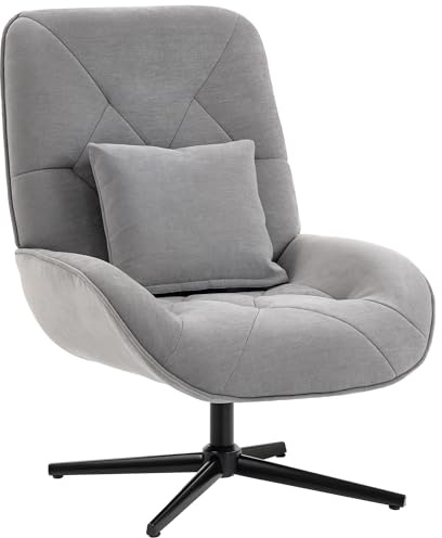 HOMCOM Swivel Accent Chair, Chenille Upholstered Armchair with Lumbar Pillow, High Back, Deep Seat and Metal Legs, Reading Lounge Chair for Living Room, Bedroom, Light Grey