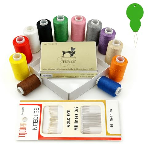 znqdiy hilos de coser para maquina juego, 12 colores hilos de coser, 350 yardas por rollo | Incluye agujas de coser y enhebrador hilo de coser | Ideal para bricolaje, costura a mano, bordado