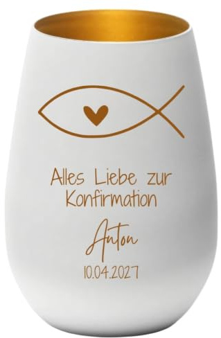 Windlicht Konfirmation | 9 Motive | personalisiertes Geschenk zur Konfirmation Mädchen & Junge | graviertes Windlicht mit Spruch, Name & Datum | Glas Teelicht schwarz weiß (Weiß, Motiv 7)
