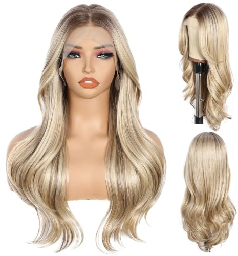 Sapphirewigs Blonde Perücke Lace Front 13x4 Synthetische Große Wellen | Mix Blonde, Vorgezupft, Tägliche Wear Party Date Weihnachten, 22 inch