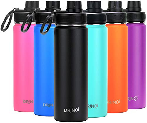 Drinco Stainless Steel Water Bottle Spout Lid Vacuum Insulated Double Wall Water Bottle Wide Mouth (40oz 32oz 22oz 18oz 14oz) Leak Proof Keep Cold Sport Camping Hiking (22 oz, 22oz Black)