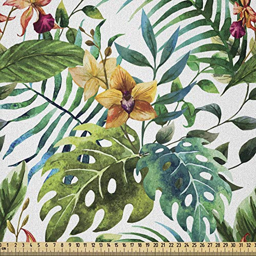 ABAKUHAUS Blatt Stoff als Meterware, Palme Blumen Hibiscus, Microfaser Multi Zweck Dekostoff für Kunsthandwerke, 3M (230x300cm),Blasser Karamell Bordeauxrot und Grün