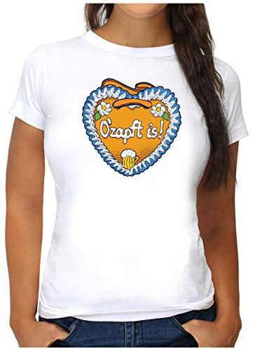 OM3® O-Zapft-is T-Shirt - Damen - Oktoberfest Lebkuchenherz Bier Bayrisch Bayern - M, Weiß
