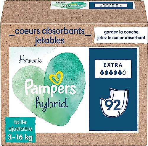 Pampers Harmonie Hybrid, 92 Cœurs de Protection Jetables, Absorption Extra, Pour Couche Lavable Hybrid, Protège la Peau Sensible des Bébés, Avec des Ingrédients d’Origine Végétale et 0% de Parfum