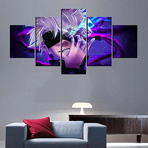 Wondbeau Leinwanddrucke Modulare Wandkunst Wandaufkleber 5 Teiliges Wandbild Druck auf Leinwand Malerei Moderne Abstrakte Poster Mit Rahmen XL/200cm×100cm Jujutsu Kaisen Gojo