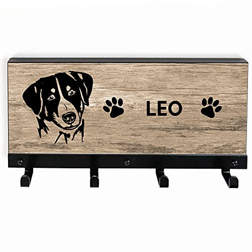 Tierisch-tolle Geschenke Appenzeller Sennenhund 4-Haken Leinengarderobe mit Name | Hundegarderobe | Leinenhalter | Hundeleinen Halter | Personalisiert (Holzoptik)