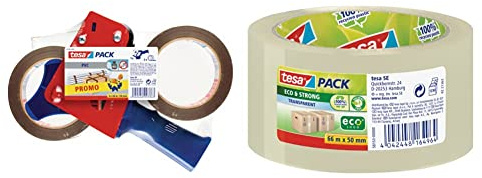 tesapack Extra Strong und Handabroller im Set mit 2 besonders reißfesten PVC-Klebebändern - Braun - 66 m x 50 mm & pack Eco und Strong - Umweltschonendes Paketband Transparent - 66 m x 50 mm