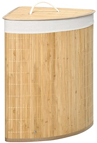 HOMCOM Bamboo Laundry Basket with Lid, 55 Litres Laundry Hamper with Removable Washable Lining, Corner Washing Baskets, 38 x 38 x 57cm, Natural