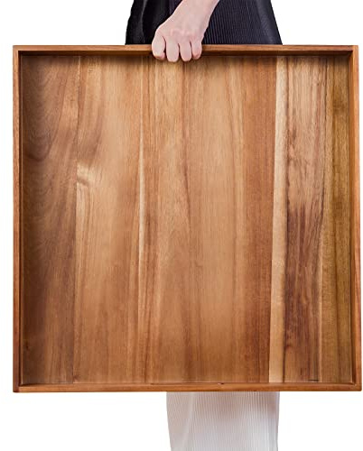 Serving Tray with Handles, 22 inch Large Square Ottoman Tray Coffee Table Tray, Wooden Trays Decorative Trays for Party, Food Serving, Breakfast, Dinner, Coffee Tea, Appetizers