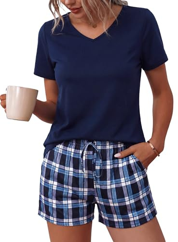 Bresdk Pyjama Femme Court en Coton 2 Pièces Haut Col V Short à Carreaux | Ensemble loungewear d'été doux et respirant en coton. Short à carreaux imprimé avec ceinture élastique, cordon et 2 poches