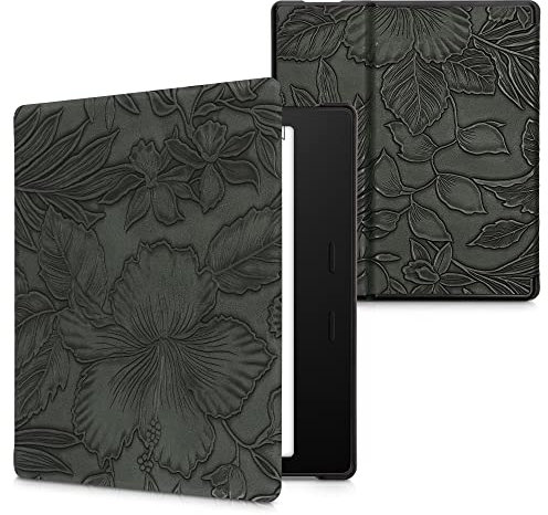kwmobile Klapphülle kompatibel mit Amazon Kindle Oasis 10. Generation Hülle - eReader Case - Blumen im grünen Relief Grün