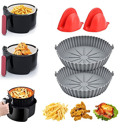 LYPER 2 Stück Air Fryer Silikoneinsatz Mit Handclip, 21cm Air Fryer Silicone Pot Heißluftfritteuse Zubehör Ersatz für Papiereinlagen, Universal Luftfritteuse Korb für Heißluftfritteuse Ofen Mikrowelle