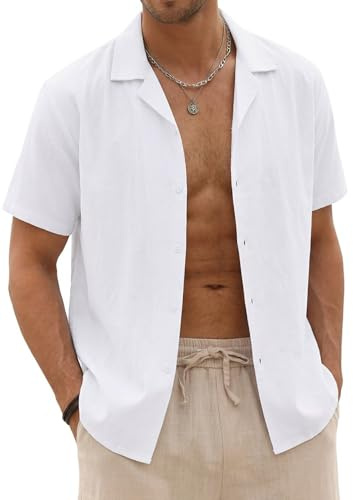 Halfword herr linne skjortor kortärmad sommar vardag strand skjortor knapp ner lös passform hawaiiansk semester bröllop ostduk toppar, Vitt, XL