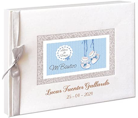 Libro de firmas para bautizo, personalizado grabado con nombre del niño y fecha. Modelo Patucos (Azul)