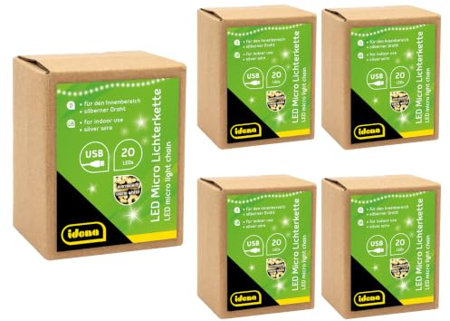 Idena 30256-5 - LED Micro Lichterkette mit 20 LEDs in Warmweiß, 5 Stück, mit USB Stecker, je 1,25 m lang, Deko für Innen, zum Basteln, als Party Deko, Weihnachtsdeko, zur Hochzeit