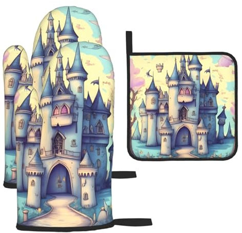 Fairytale Castle - Set di 3 guanti e presine antiscottatura per cucina, cottura e grigliata, regalo di Natale per la festa della mamma