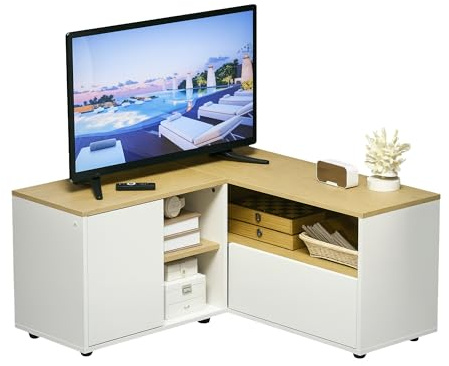 HOMCOM Eck-TV-Möbel mit Stauraum bis 40 Zoll helles Holz Weiß | TV-Bank