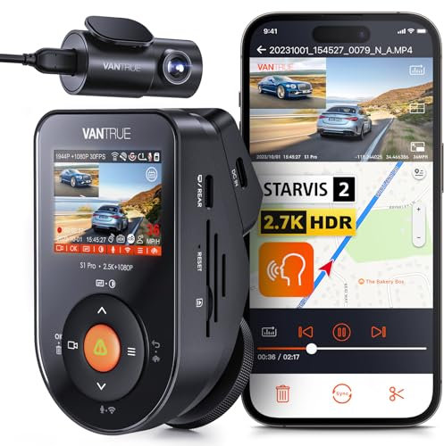 VANTRUE S1Pro Dash Cam Front Rear 2.7K+1080P HDR 5G WiFi GPS, STARVIS 2, Dual Dashcam for Car Dash Camera, Night Vision, Voice Control, Hidden Car Dash Camera 15s Buffered Parking Mode, Support 512GB