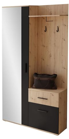 Mirjan24 Garderoben-Set Epic mit Spiegel (Artisan/Schwarz) | Kompakte Flurgarderobe mit Schuhschrank, 2 Kleiderhaken, Ablagefläche und Stauraum für Jacken, Schuhe und Accessoires