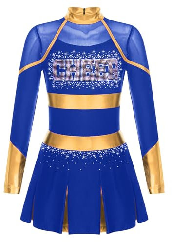 Oyolan Mädchen Cheerleading Kostüm Pailletten Langarm Kleid Tanzkleid mit Glitzer Halloween Karneval Fasching Party Outfits Blau 170