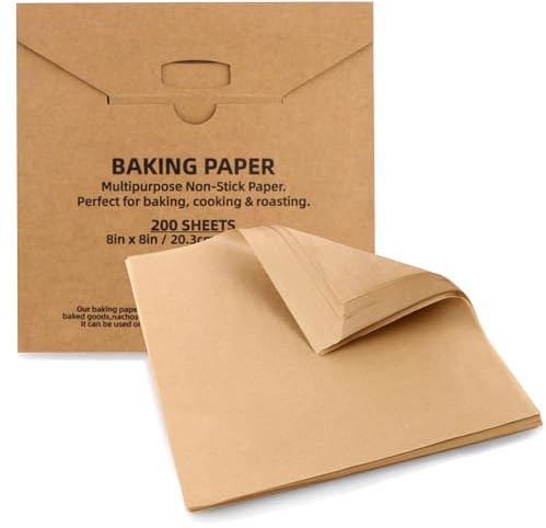 Tikxlafe 200 Pcs 8x8 Inch Parchment Paper Sheets, Precut Unbleached Baking Paper, Non-Stick & Greaseproof Square Pan Liners for Cake Pan, Air Fryer, Baking - Natural Brown