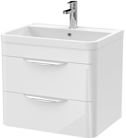 Balterley Vanity Unit with Basin Wall Hung, 2 Drawer Soft Close with Rectangular Sink and Handles, Bathroom Vanity Units with Basin, Bathroom Sink Storage Cabinet - 610 x 450 x 540mm (White)