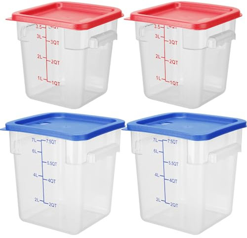 Lallisa 4 contenitori trasparenti per alimenti con coperchio, manici e bilance, contenitori quadrati in policarbonato di grado commerciale, ermetici, per casa, cucina, ristorante (rosso, blu)