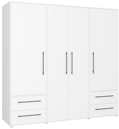 FORTE Jupiter Schrank 200 210, weißer Kleiderschrank, Drehtürenschrank, 3-türig, mit 2 Schubladen und Einlegeböden, Weiß, 206 cm breit x 59 cm tief x 200 cm hoch