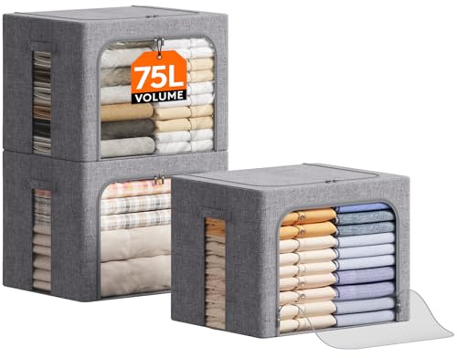 Lifewit Aufbewahrungsbox 75L, Kleidung Aufbewahrung, 3er Set, Hellgrau | Faltbare Kleideraufbewahrung mit Metallrahmen, Stoffbox mit Griffen & Fenster, Aufbewahrung Kleiderschrank mit Deckel