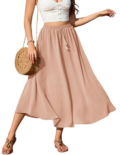 Zeagoo Midi Rock Damen Sommer Röcke Langer Sommerrock Hohe Taille Wickelrock Mit Kordelzug Strandrock Freizeitrock Khaki L