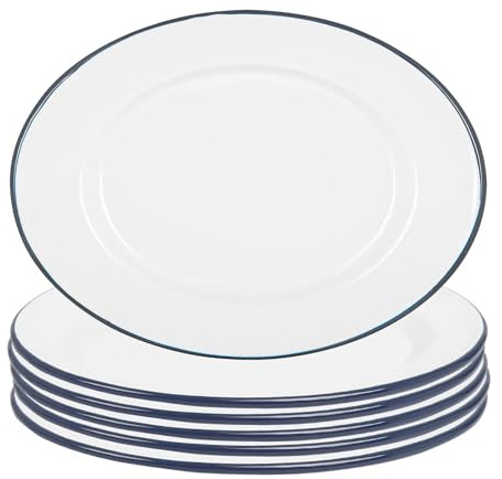 Argon Tableware Enamel Serving Platters with Blue Rims - Pack of 6-30.5 x 22.5cm White Enamel Rectangular Serving Board Food Trays for Food, Drinks at Picnics, Camping, Travels
