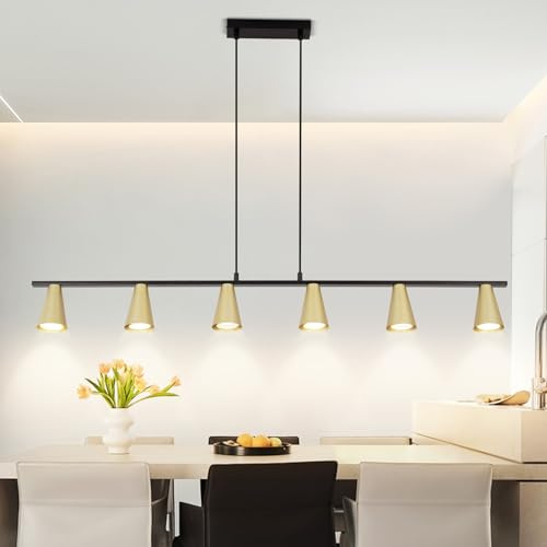 Kowanie Hängelampe esstisch Pendelleuchte GU10: Esszimmerlampe 6 Flammig in Schwarz Gold modern Esstischlampe hängend Metall Hängeleuchte lang Industrial Pendellampe für Esszimmer - Ohne Leuchtmittel